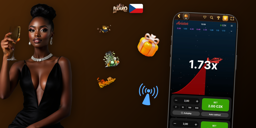 Herní rozhraní Aviator s tlačítkem Cash Out a rostoucí křivkou v Lizaro Casino