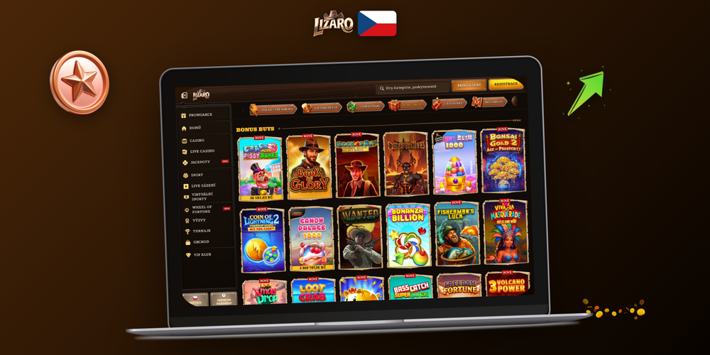 Lizaro Casino desktop verze vedle webové a mobilní varianty na třech zařízeních