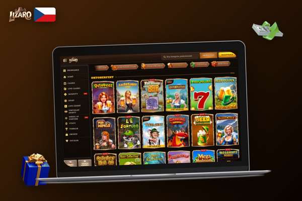 Lizaro Casino na počítači s přehledným rozhraním kategorií slotů a live kasina