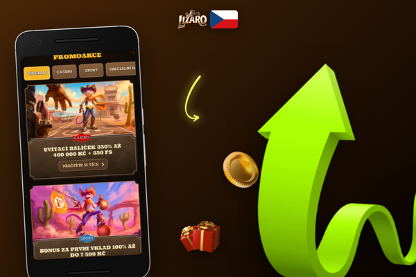 Mobilní formulář Lizaro Casino se zvýrazněným polem pro promo kód bez vkladu